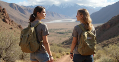 Young backpackers trekking in Ica, Peru landscape