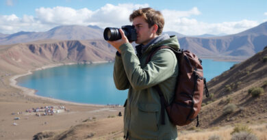 Young backpacker exploring Puno region in Peru with SLR camera