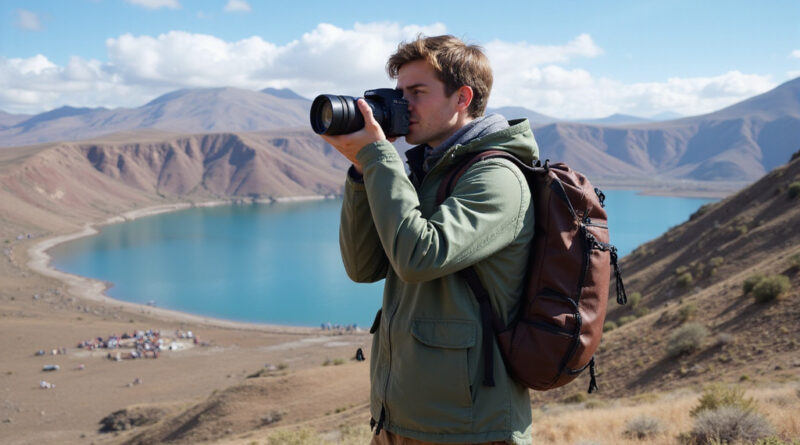 Young backpacker exploring Puno region in Peru with SLR camera