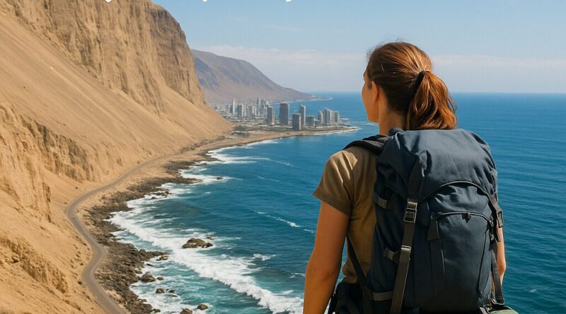 Backpacker admiring scenic view in Iquique, Chile