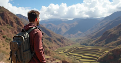 Young backpacker admiring Incan terraces at Chinchero, Peru
