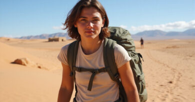 Young adult backpacking during טרקים בנאסקה פרו in Nasca desert region