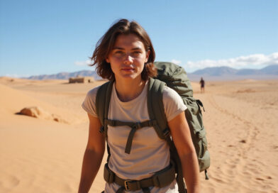 Young adult backpacking during טרקים בנאסקה פרו in Nasca desert region