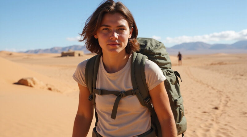 Young adult backpacking during טרקים בנאסקה פרו in Nasca desert region