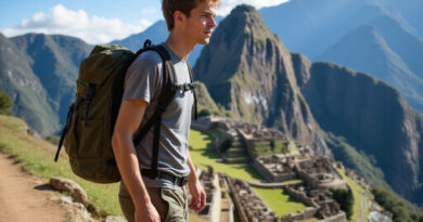Young adult backpacker trekking in Pisac Peru near Inca ruins