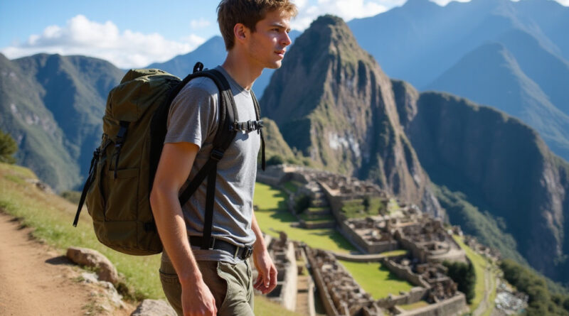 Young adult backpacker trekking in Pisac Peru near Inca ruins