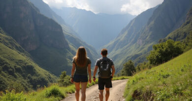 Young backpackers trekking in Pisac, Peru's green countryside landscape