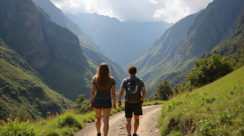 Young backpackers trekking in Pisac, Peru's green countryside landscape