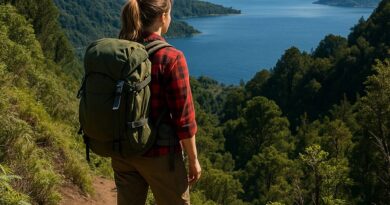Backpacker hiking on nature trails in Porto Varas, Chile