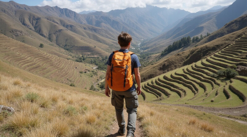 Young backpacker trekking through Moray, Peru's scenic landscapes