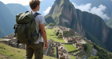 Backpacker overlooking Machu Picchu, popular trekking destination in Peru