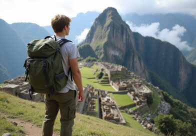 Backpacker overlooking Machu Picchu, popular trekking destination in Peru