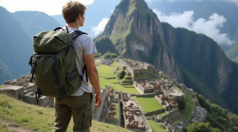 Backpacker overlooking Machu Picchu, popular trekking destination in Peru