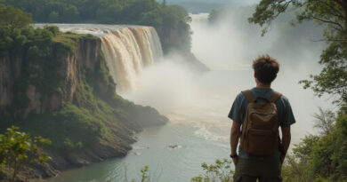Adventurous backpacker observing Meeting of the Waters in Manaus, Brazil