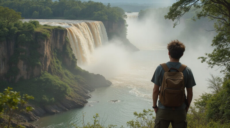 Adventurous backpacker observing Meeting of the Waters in Manaus, Brazil