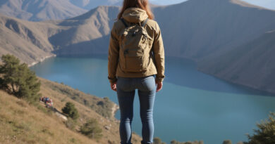 Backpacker viewing mountainous landscape in Puno, Peru