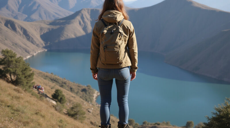 Backpacker viewing mountainous landscape in Puno, Peru