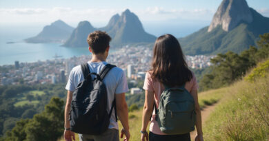 Young backpackers exploring Rio de Janeiro trails in Brazil