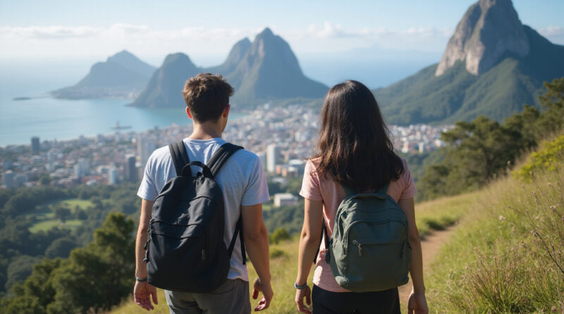 Young backpackers exploring Rio de Janeiro trails in Brazil