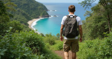 Young male backpacker trekking in National Park Tayrona, Colombia
