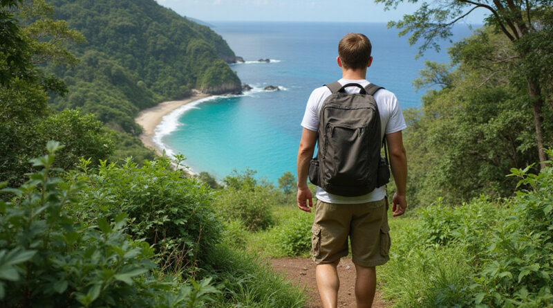 Young male backpacker trekking in National Park Tayrona, Colombia