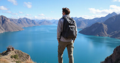 Backpacker overlooking Lake Titicaca and Andean mountains in Peru