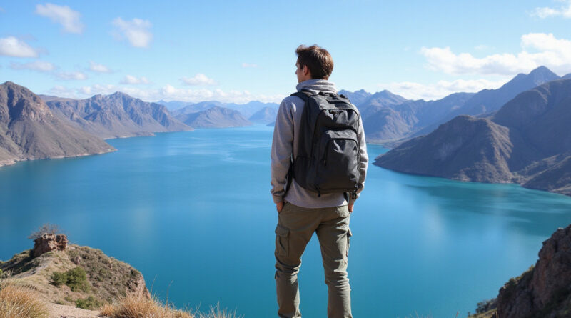 Backpacker overlooking Lake Titicaca and Andean mountains in Peru