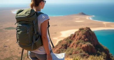 Backpacker on rocky peak in La Guajira, Colombia, adventure trekking.