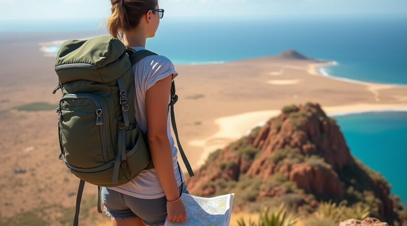 Backpacker on rocky peak in La Guajira, Colombia, adventure trekking.