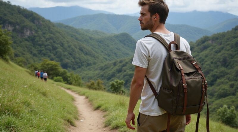 Young male backpacker on טרקים בזיפאקירה קולומביה trail with Salt Cathedral view