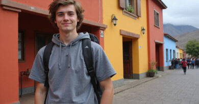 Backpacker outside vibrant hostel in La Serena, Chile