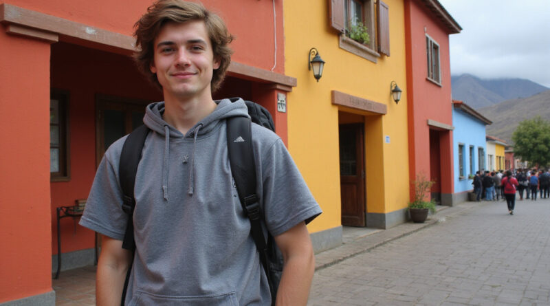 Backpacker outside vibrant hostel in La Serena, Chile