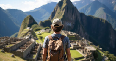 Young backpacker admiring Machu Picchu near recommended hostel in Peru
