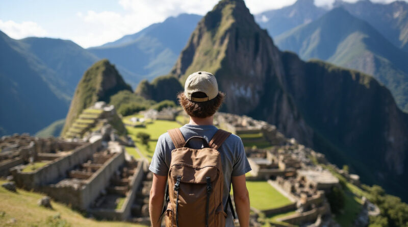 Young backpacker admiring Machu Picchu near recommended hostel in Peru