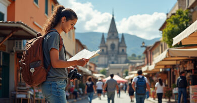 Young adult exploring vibrant cityscape and recommended hostels in Temuco, Chile