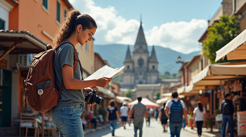 Young adult exploring vibrant cityscape and recommended hostels in Temuco, Chile