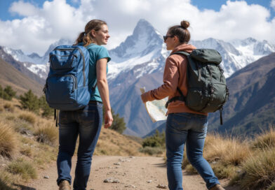 Backpackers on a trail in Huaraz, Peru