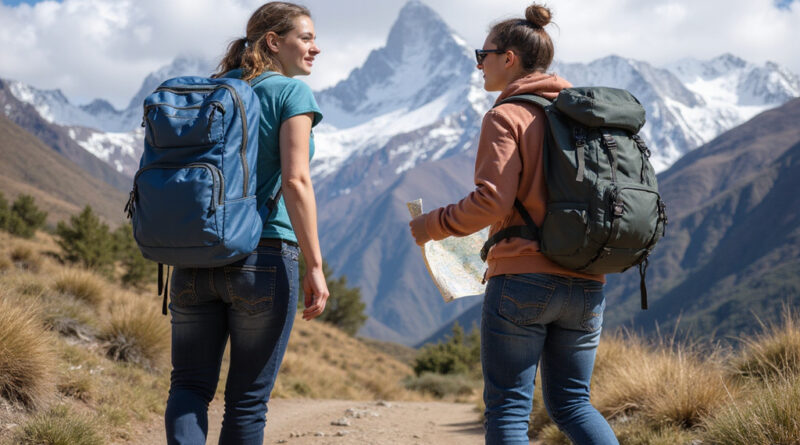 Backpackers on a trail in Huaraz, Peru