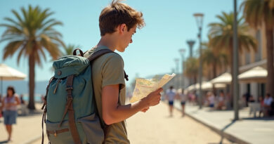Backpacker exploring sunny Iquique, Chile with המלצות על איקיקה צ'ילה beach background
