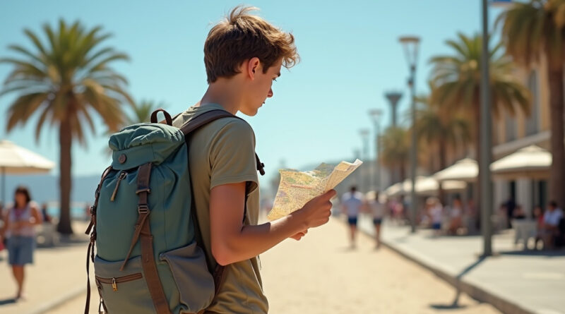 Backpacker exploring sunny Iquique, Chile with המלצות על איקיקה צ'ילה beach background
