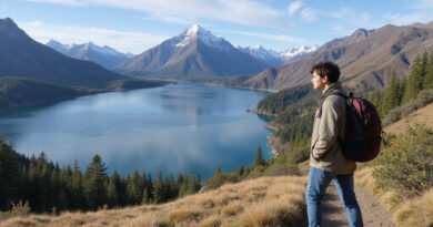Backpacker overlooking beautiful Luciano Lake, Chile