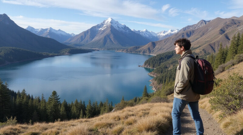 Backpacker overlooking beautiful Luciano Lake, Chile