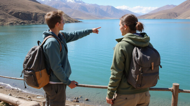 Young backpacker enjoying scenic Lake Titicaca Peru