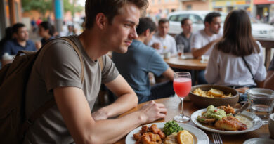 Backpacker enjoying meal at local מסעדות בלימה פרו