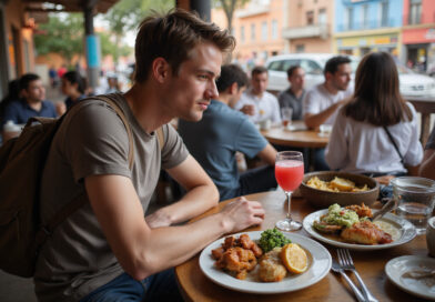 Backpacker enjoying meal at local מסעדות בלימה פרו