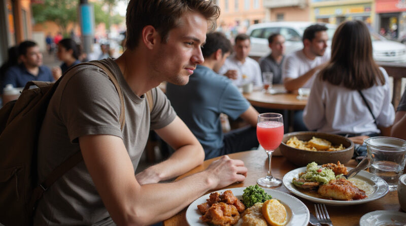 Backpacker enjoying meal at local מסעדות בלימה פרו