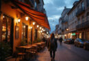 Backpacker approaching cozy restaurant in Lima, Peru at dusk