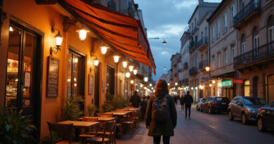 Backpacker approaching cozy restaurant in Lima, Peru at dusk