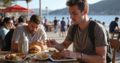 Backpacker enjoying local cuisine at a restaurant in Viña del Mar, Chile.