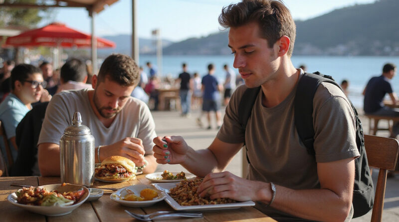 Backpacker enjoying local cuisine at a restaurant in Viña del Mar, Chile.